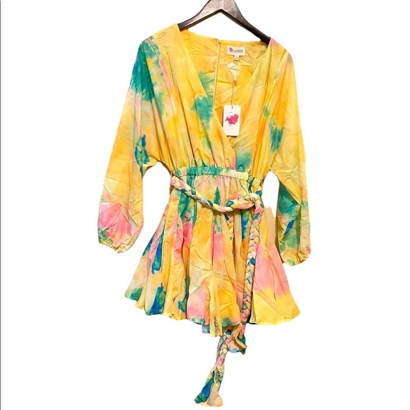 L’Atiste After Glow Tie Dye Rainbow Faux Wrap Belted Flare Skater Mini Dress - Picture 7 of 10